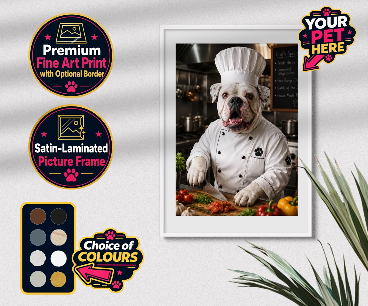 Personalised Master Paw Chef dog premium framed print featuring meet Master Paw Chef, the culinary canine ready to whisk you away into