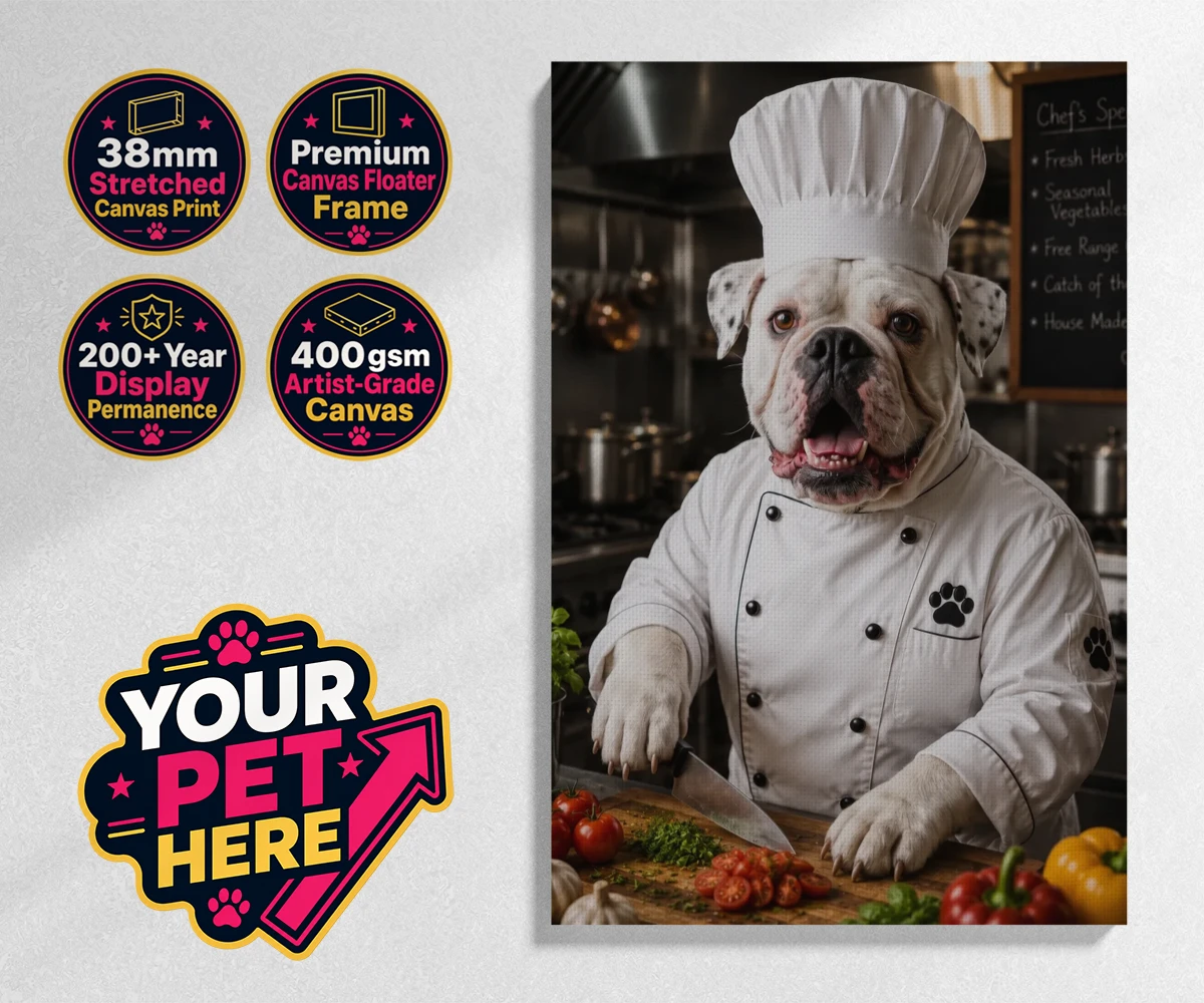 Personalised Master Paw Chef dog stretched canvas print featuring meet Master Paw Chef, the culinary canine ready to whisk you away into
