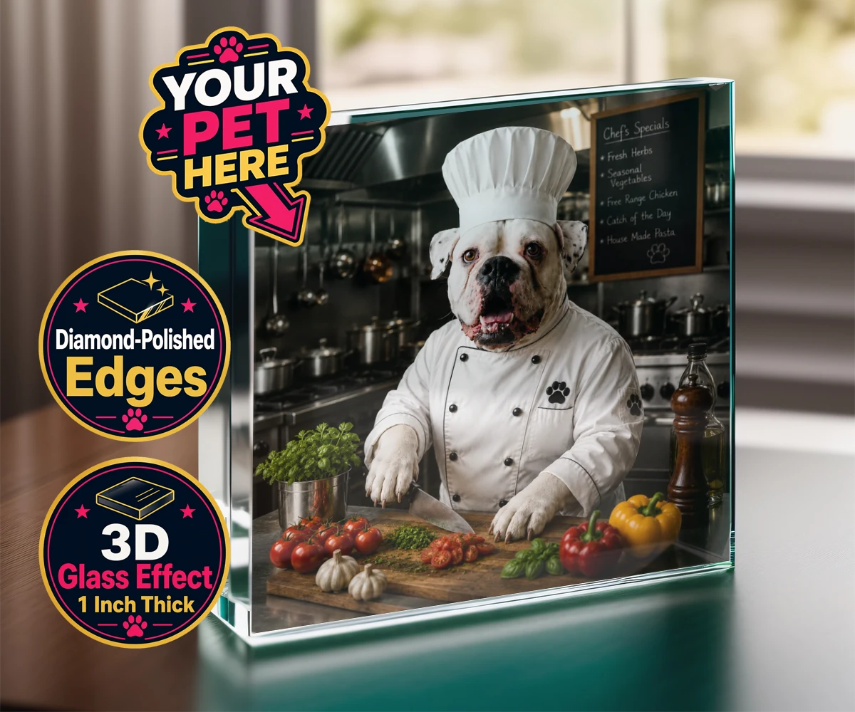 Personalised Master Paw Chef dog acrylic prisms featuring meet Master Paw Chef, the culinary canine ready to whisk you away into