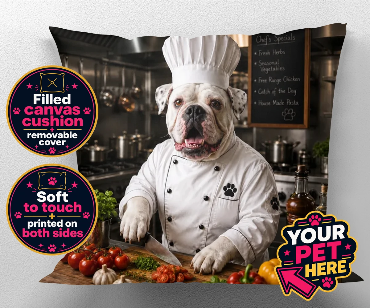 Personalised Master Paw Chef dog canvas cushions featuring meet Master Paw Chef, the culinary canine ready to whisk you away into