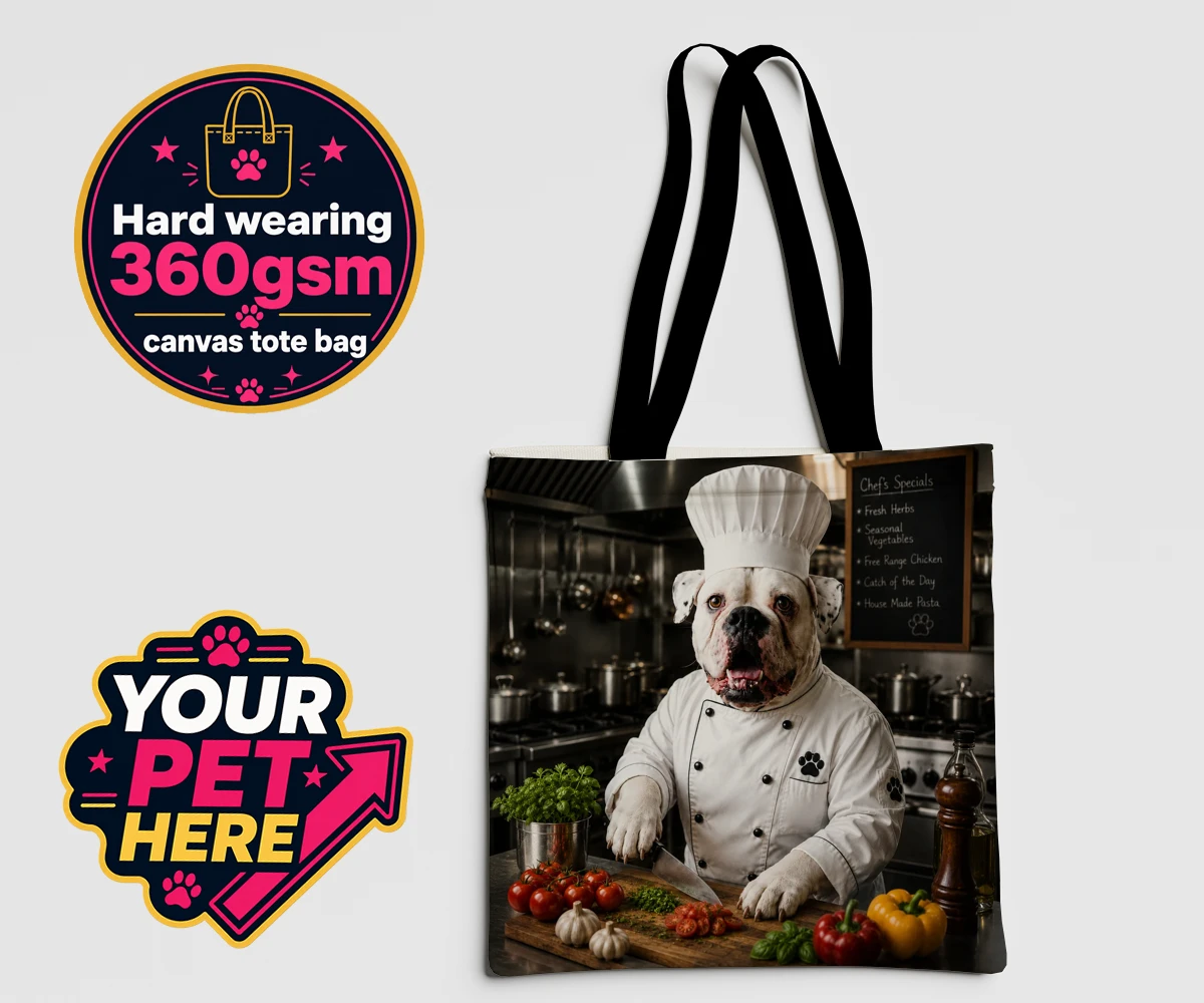Personalised Master Paw Chef dog canvas tote bags featuring meet Master Paw Chef, the culinary canine ready to whisk you away into