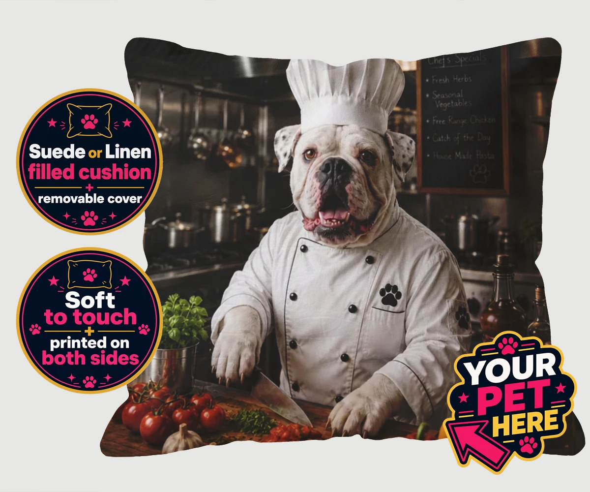 Personalised Master Paw Chef dog cushions featuring meet Master Paw Chef, the culinary canine ready to whisk you away into