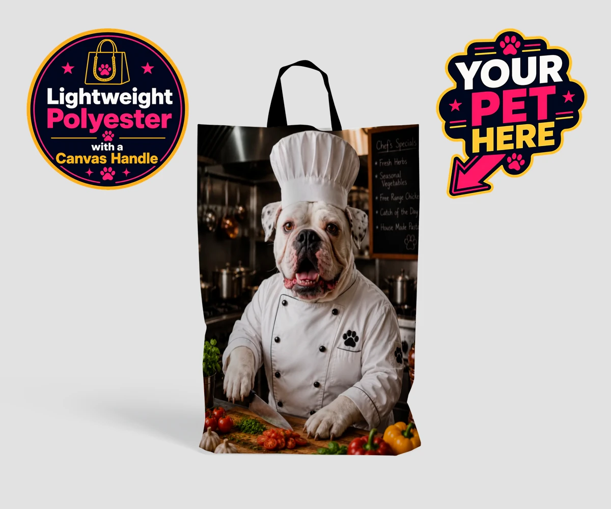 Personalised Master Paw Chef dog shopping bags featuring meet Master Paw Chef, the culinary canine ready to whisk you away into