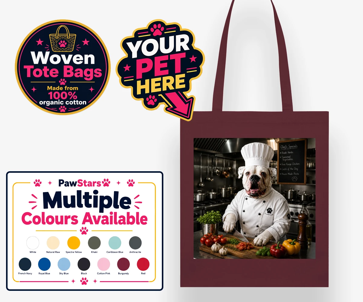 Personalised Master Paw Chef dog woven tote bags featuring meet Master Paw Chef, the culinary canine ready to whisk you away into