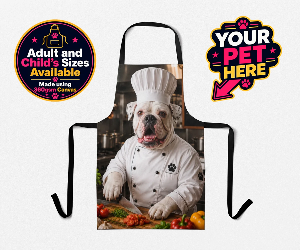 Personalised Master Paw Chef dog aprons featuring meet Master Paw Chef, the culinary canine ready to whisk you away into