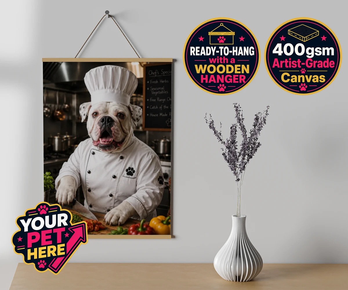 Personalised Master Paw Chef dog canvas poster prints with hanger featuring meet Master Paw Chef, the culinary canine ready to whisk you away into