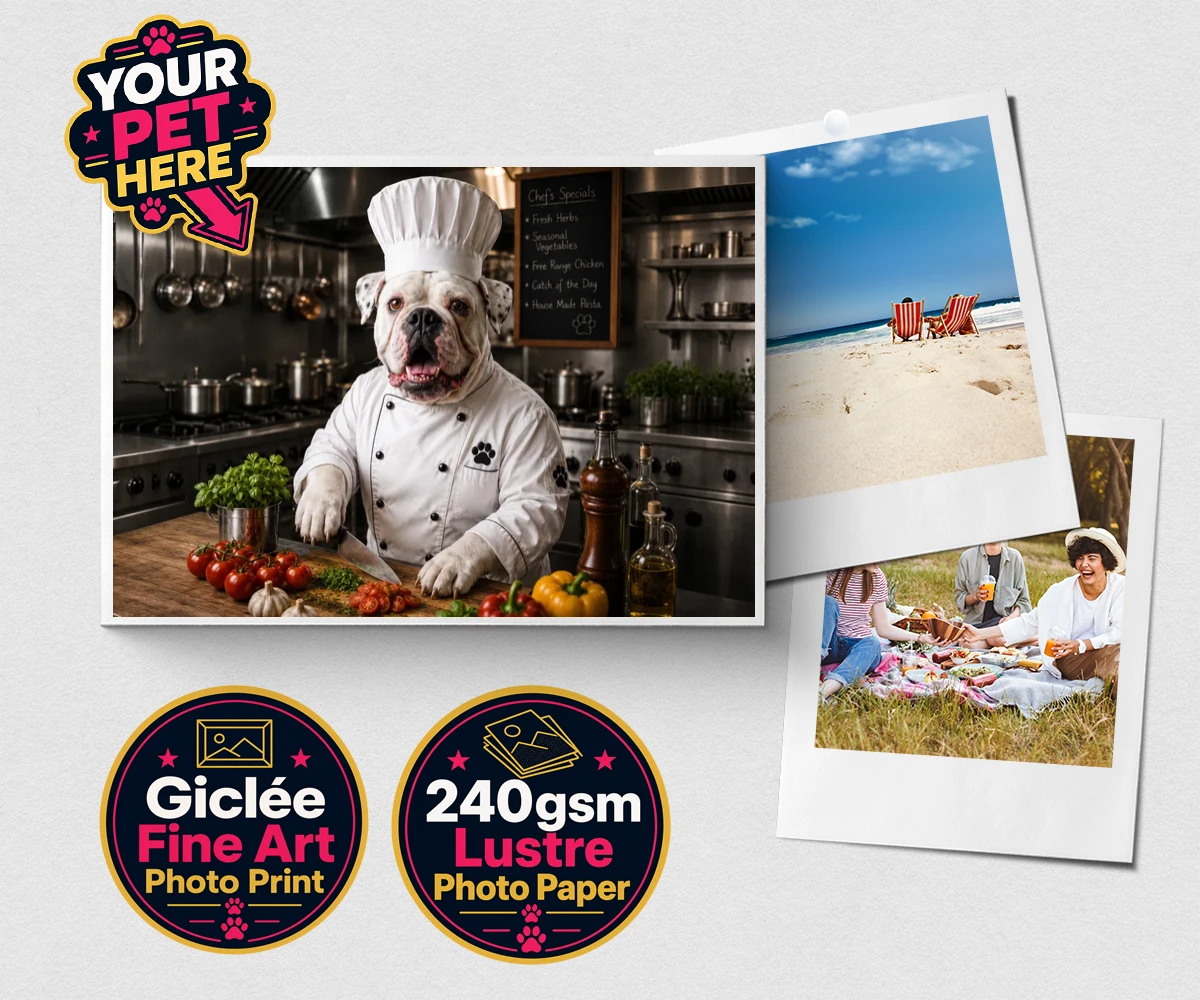 Personalised Master Paw Chef dog premium photo print featuring meet Master Paw Chef, the culinary canine ready to whisk you away into