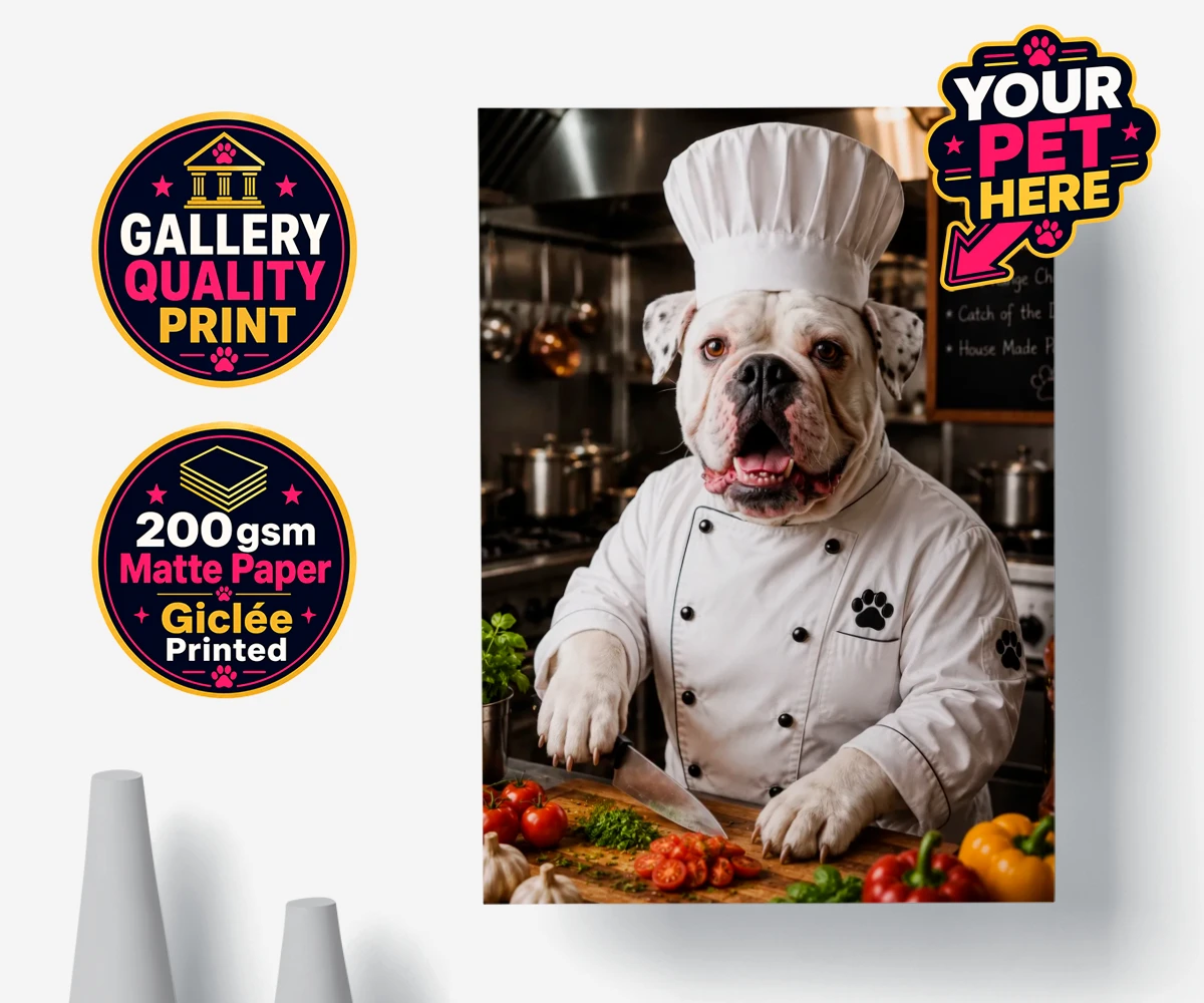 Personalised Master Paw Chef dog premium poster print featuring meet Master Paw Chef, the culinary canine ready to whisk you away into