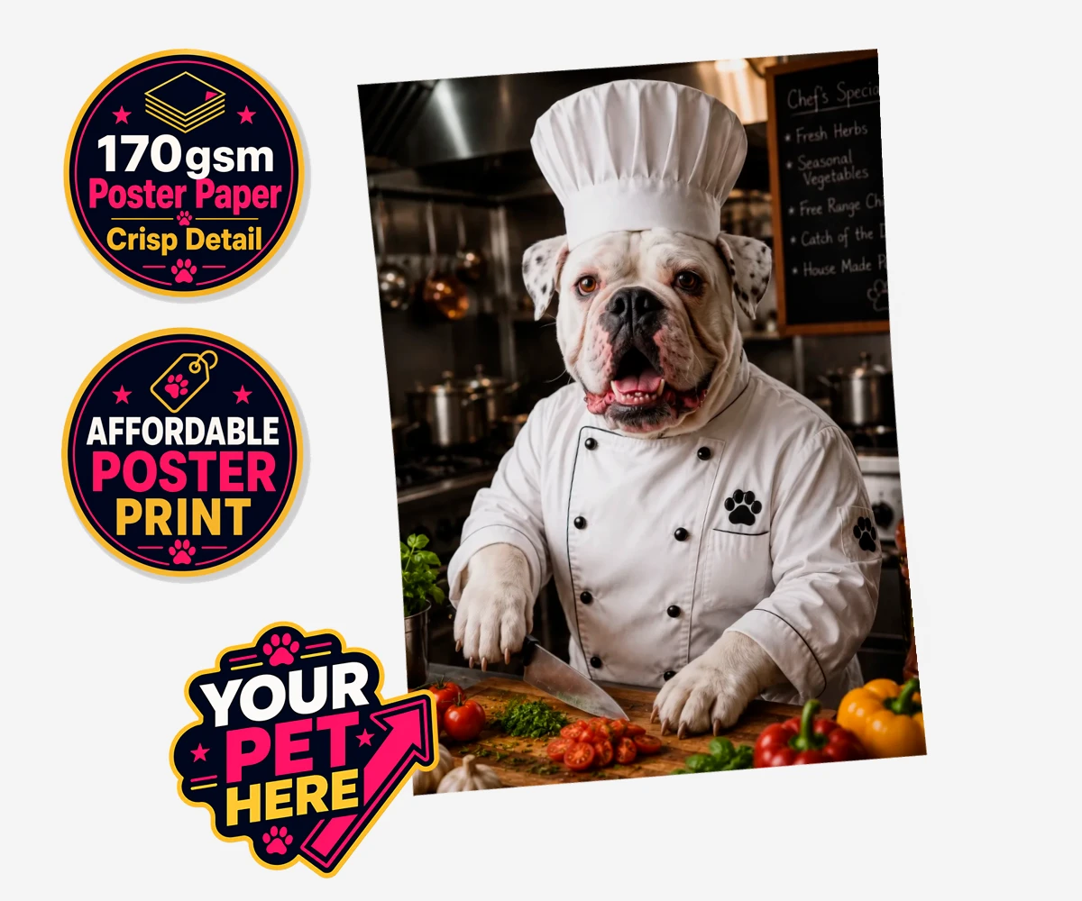 Personalised Master Paw Chef dog standard poster print featuring meet Master Paw Chef, the culinary canine ready to whisk you away into