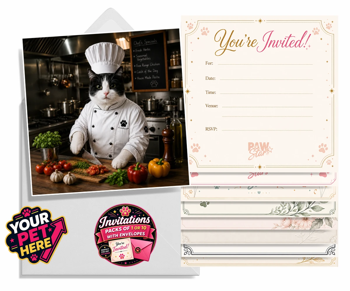 Personalised Master Paw Chef cat invitations featuring the purr-fect addition to any cat lover's home!