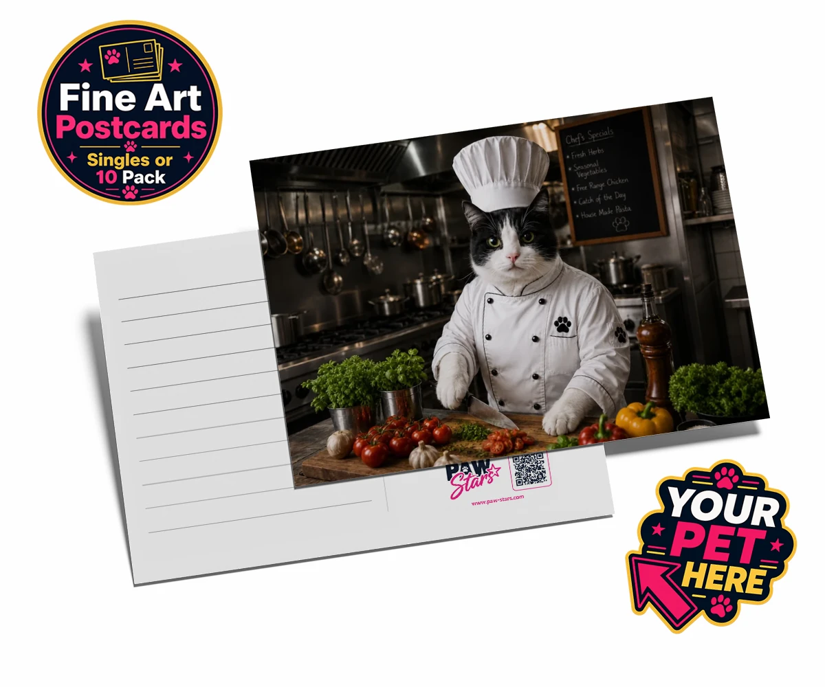 Personalised Master Paw Chef cat postcards featuring the purr-fect addition to any cat lover's home!