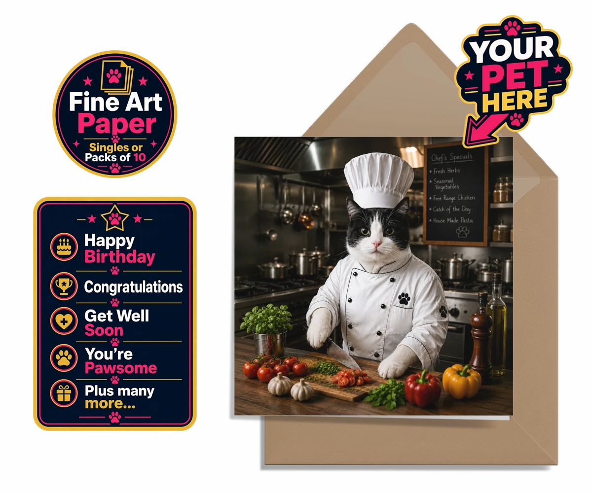 Personalised Master Paw Chef cat premium greetings cards featuring the purr-fect addition to any cat lover's home!