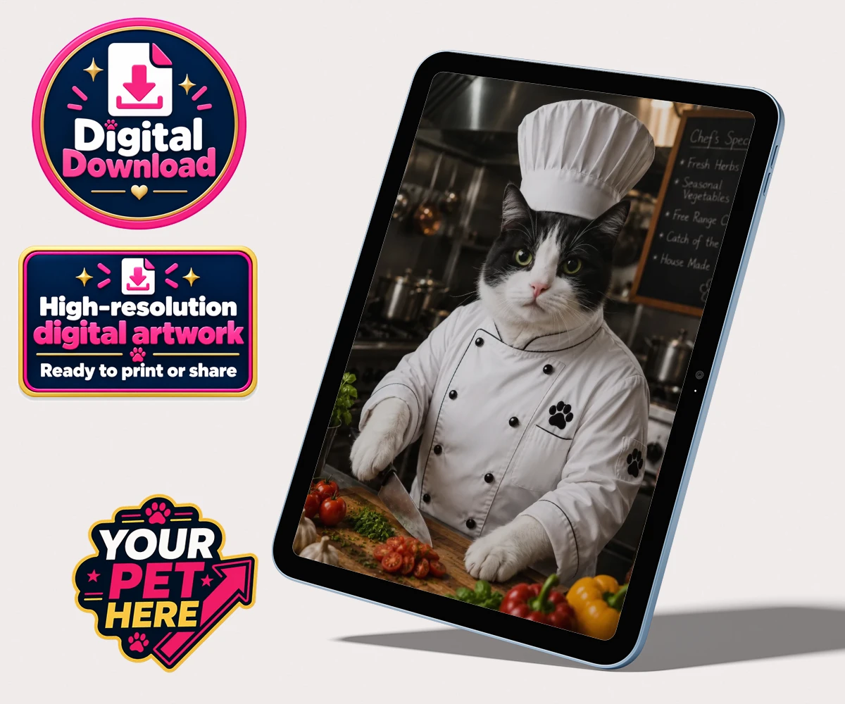 Personalised digital portrait of Master Paw Chef, a cat wearing a chef's coat and hat, surrounded by fresh vegetables in a kitchen setting.