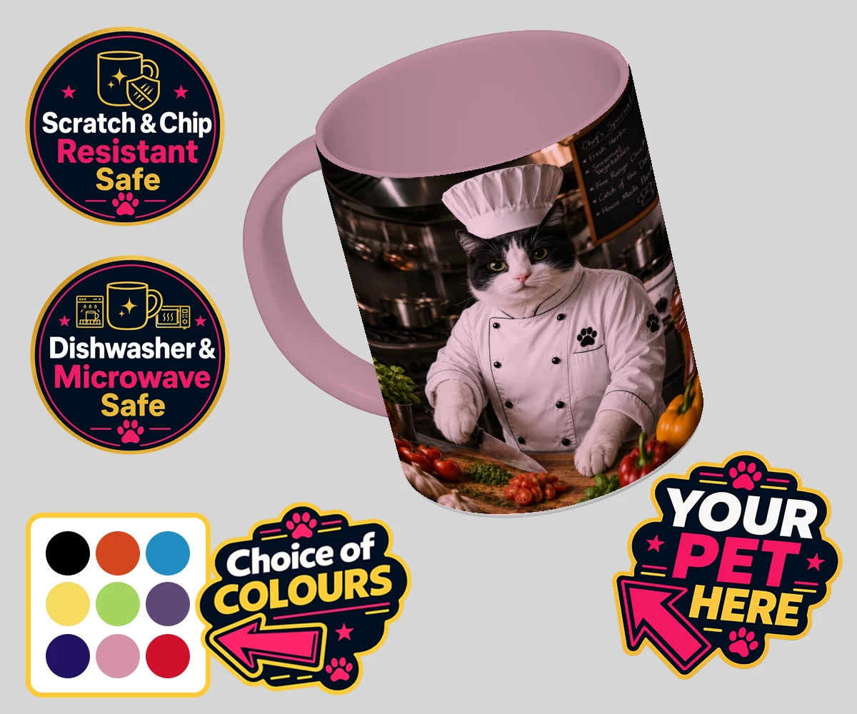 Personalised Master Paw Chef cat coloured photo mugs featuring the purr-fect addition to any cat lover's home!
