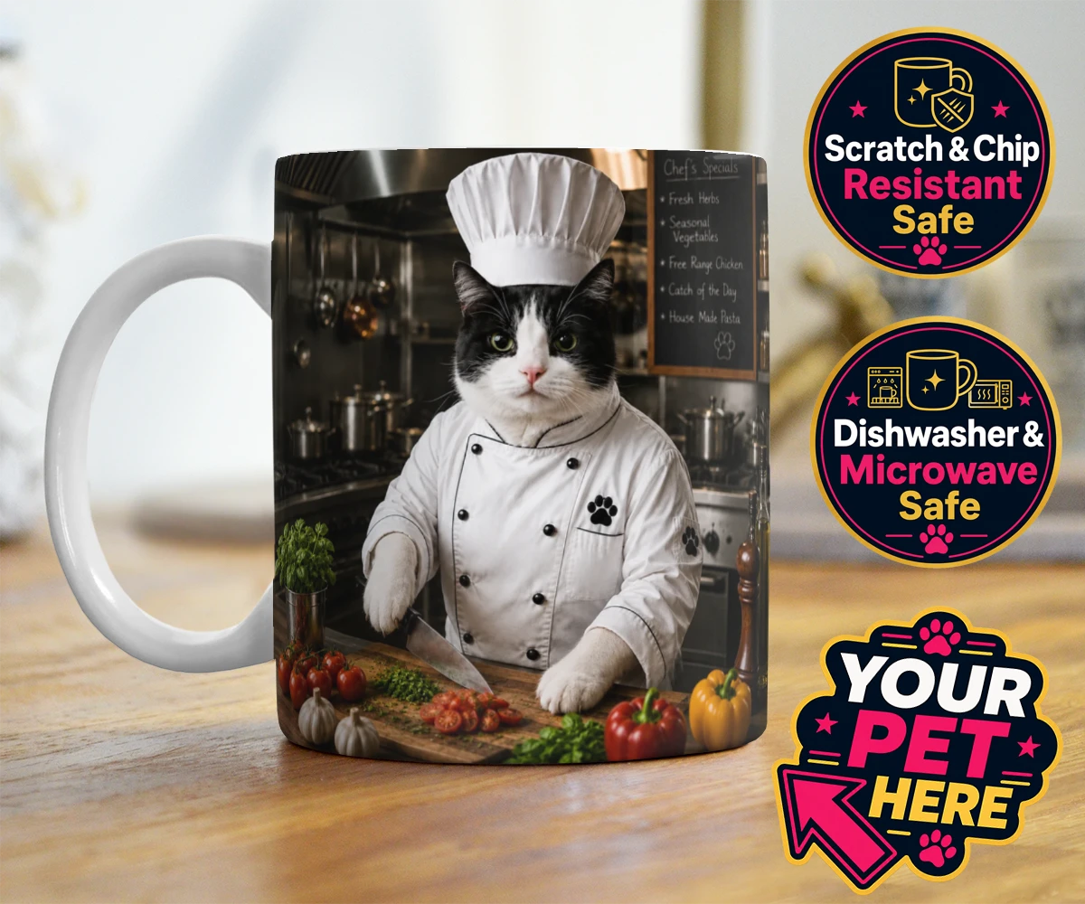 Personalised Master Paw Chef cat photo mugs featuring the purr-fect addition to any cat lover's home!
