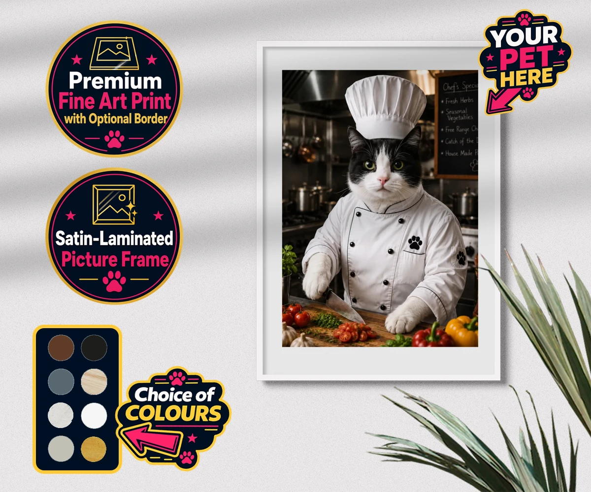 Personalised Master Paw Chef cat premium framed print featuring the purr-fect addition to any cat lover's home!