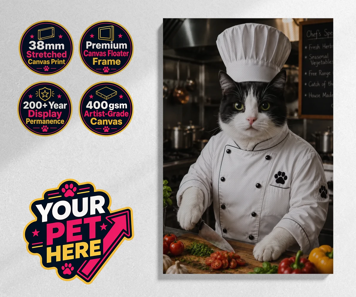 Personalised Master Paw Chef cat stretched canvas print featuring the purr-fect addition to any cat lover's home!