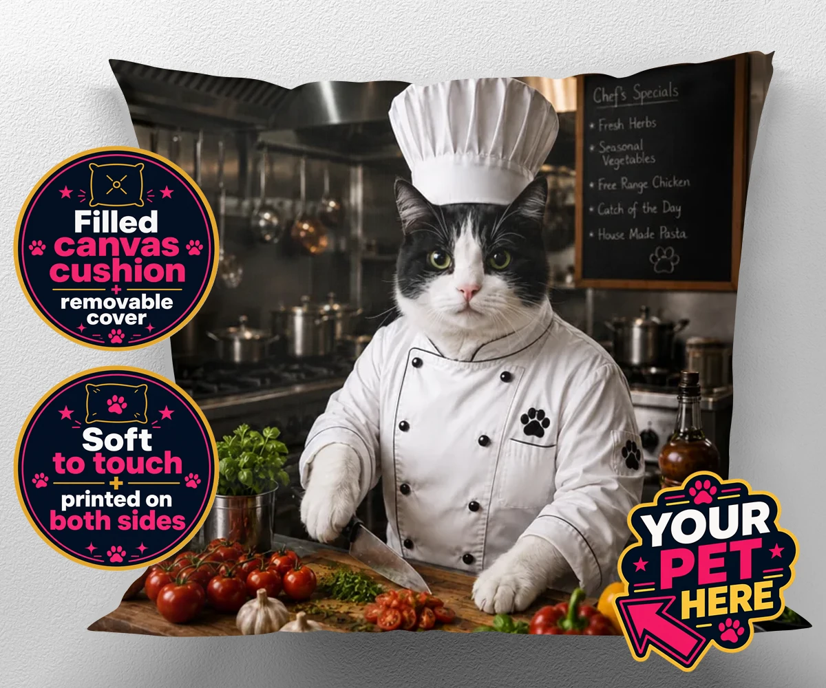 Personalised Master Paw Chef cat canvas cushions featuring the purr-fect addition to any cat lover's home!