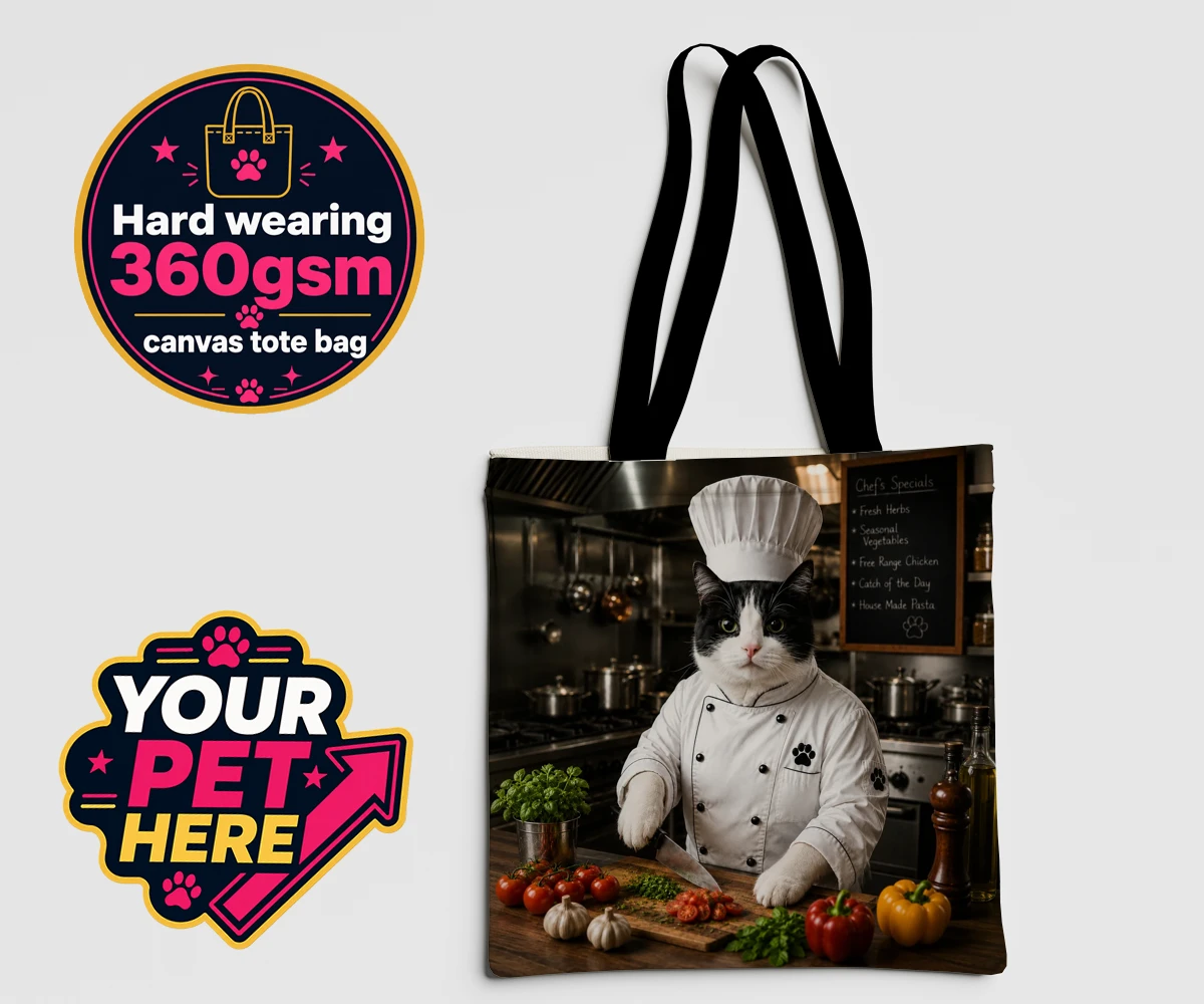 Personalised Master Paw Chef cat canvas tote bags featuring the purr-fect addition to any cat lover's home!