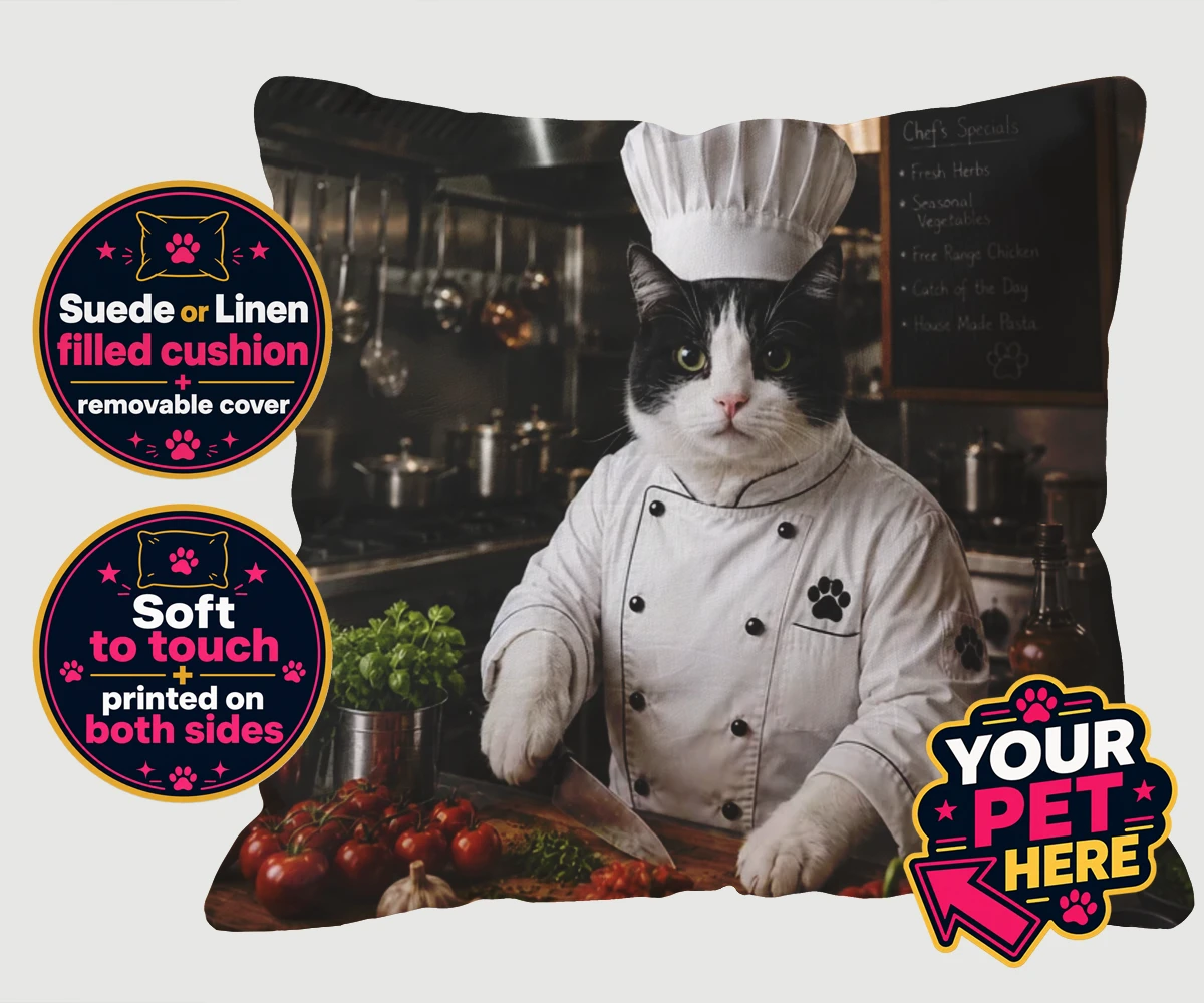 Personalised Master Paw Chef cat cushions featuring the purr-fect addition to any cat lover's home!