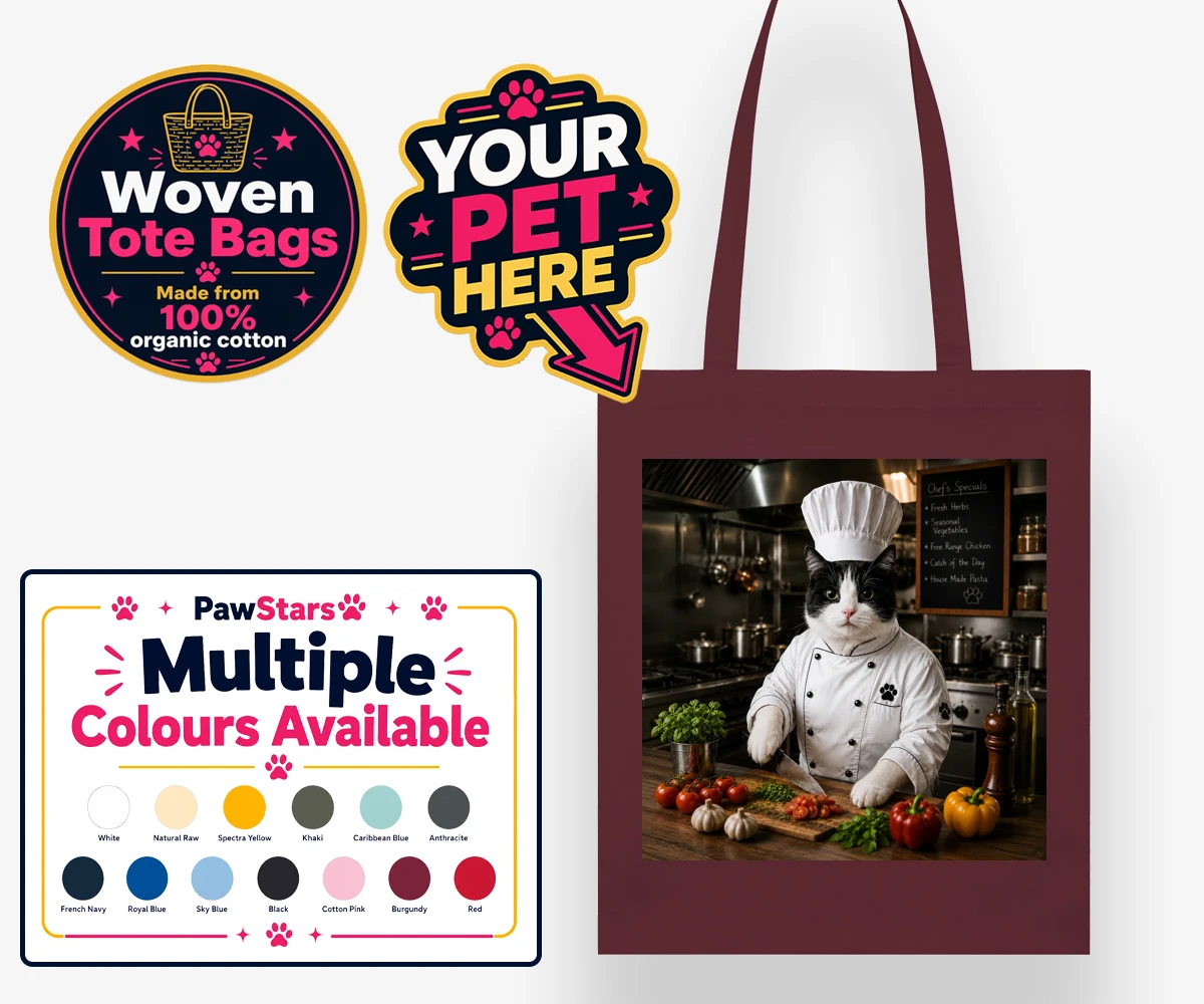 Personalised Master Paw Chef cat woven tote bags featuring the purr-fect addition to any cat lover's home!