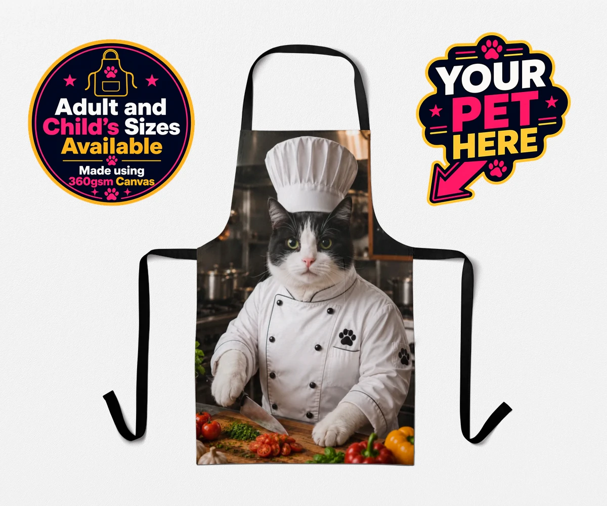 Personalised Master Paw Chef cat aprons featuring the purr-fect addition to any cat lover's home!