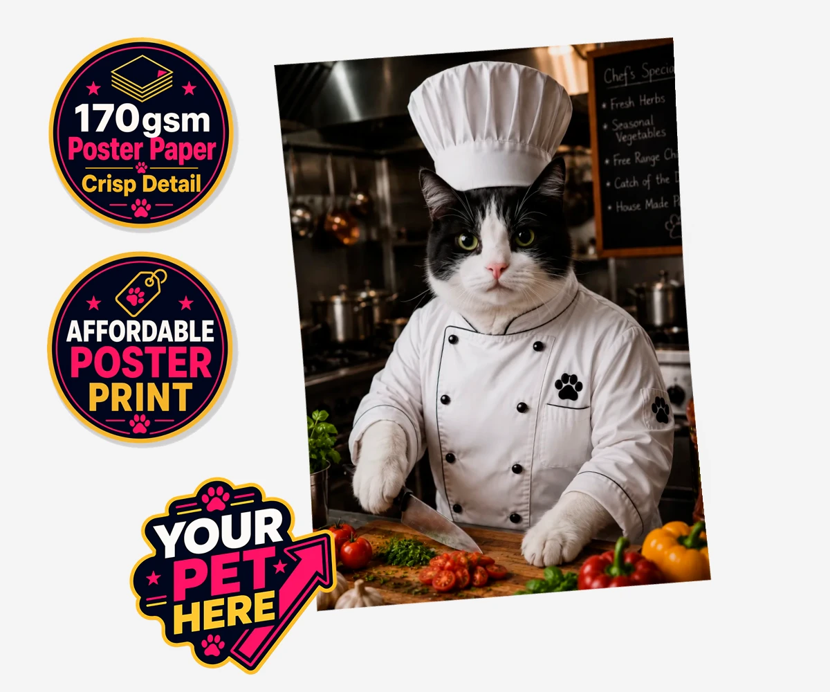 Personalised Master Paw Chef cat standard poster print featuring the purr-fect addition to any cat lover's home!