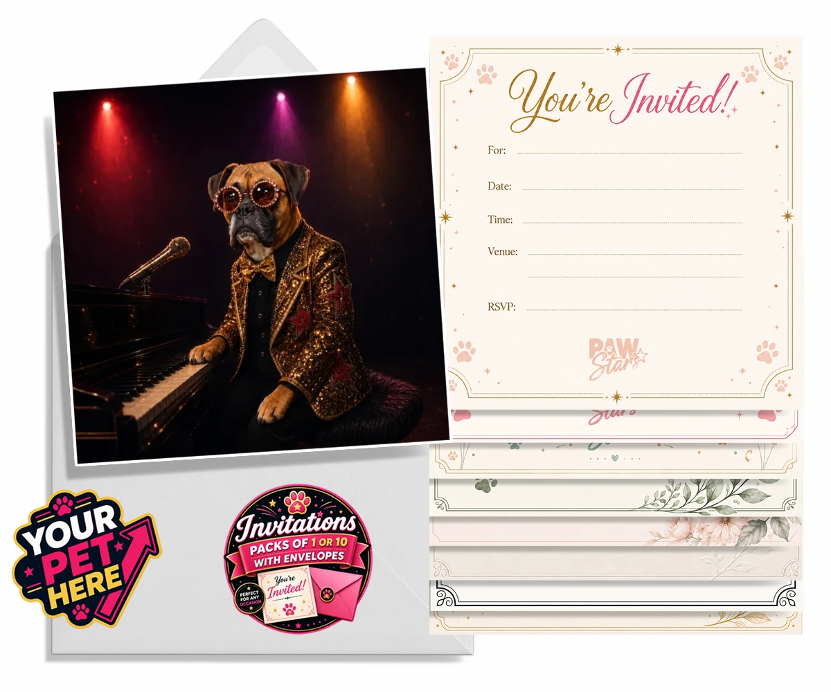 Personalised Rocket Dog dog invitations featuring our dazzling canine superstar!