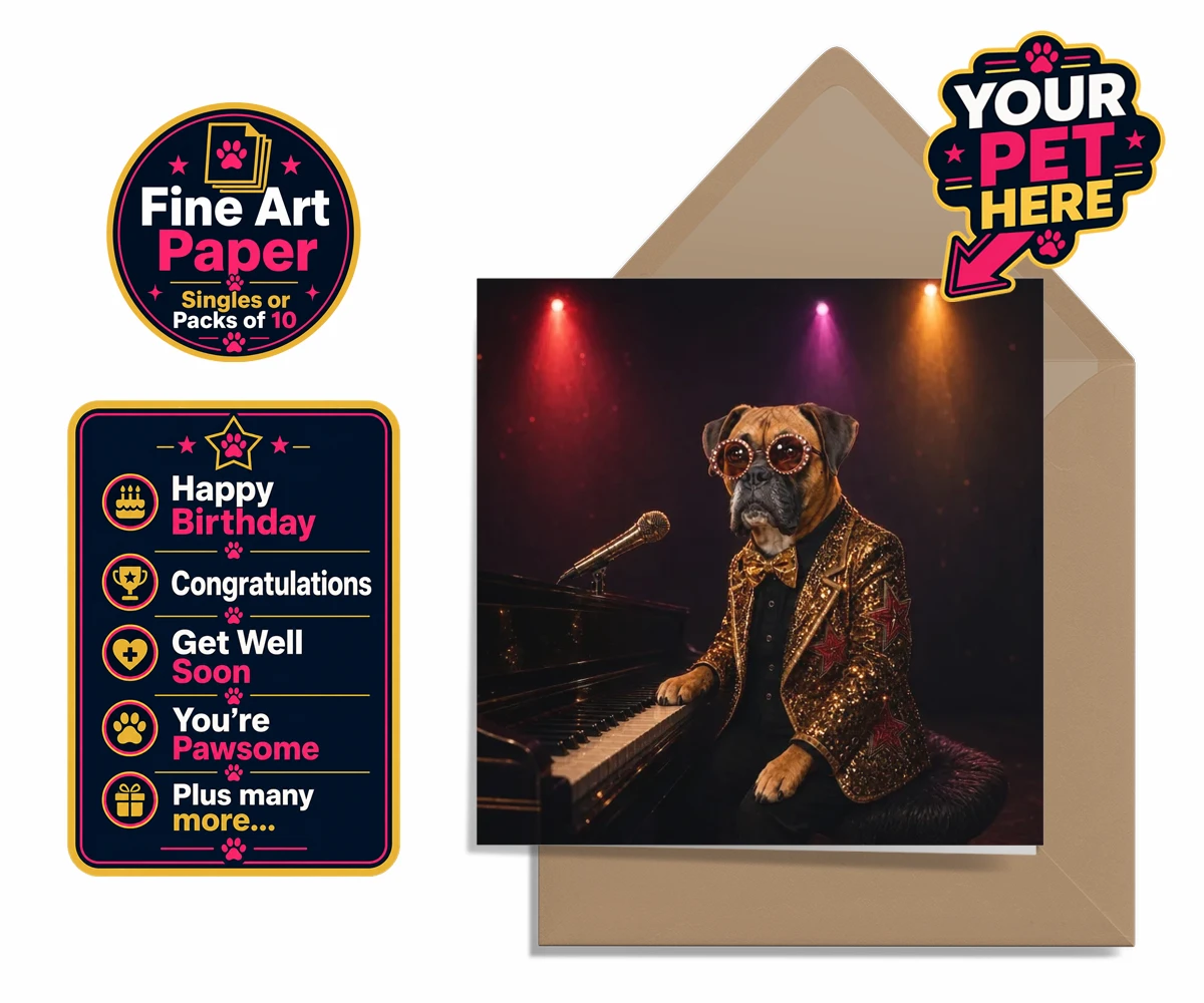 Personalised Rocket Dog dog premium greetings cards featuring our dazzling canine superstar!