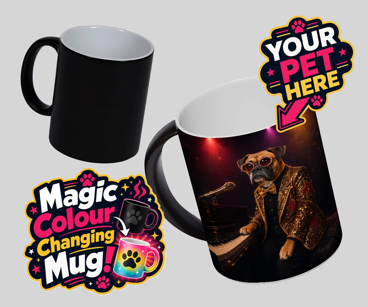 Personalised Rocket Dog dog magic photo mugs featuring our dazzling canine superstar!
