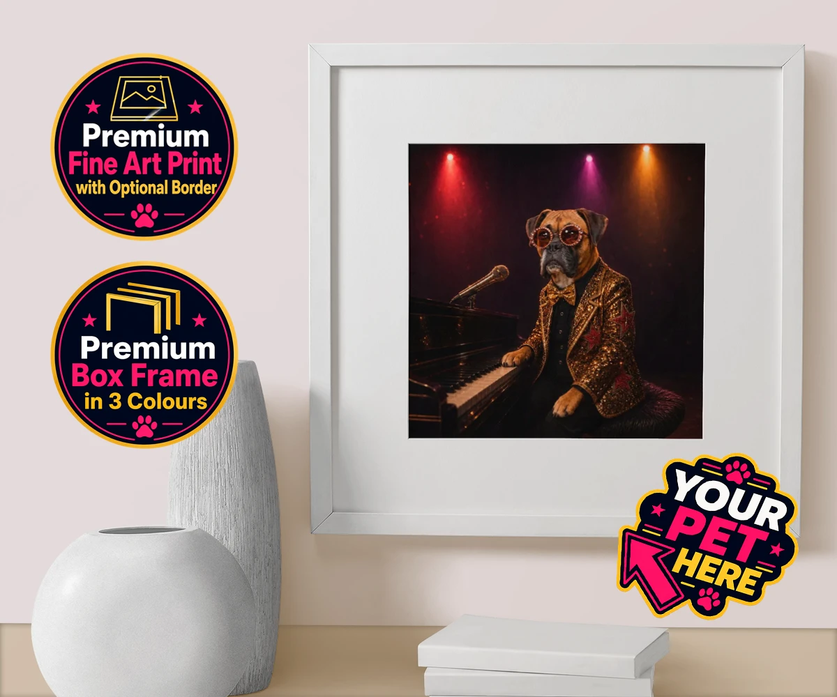 Personalised Rocket Dog dog box framed print featuring our dazzling canine superstar!
