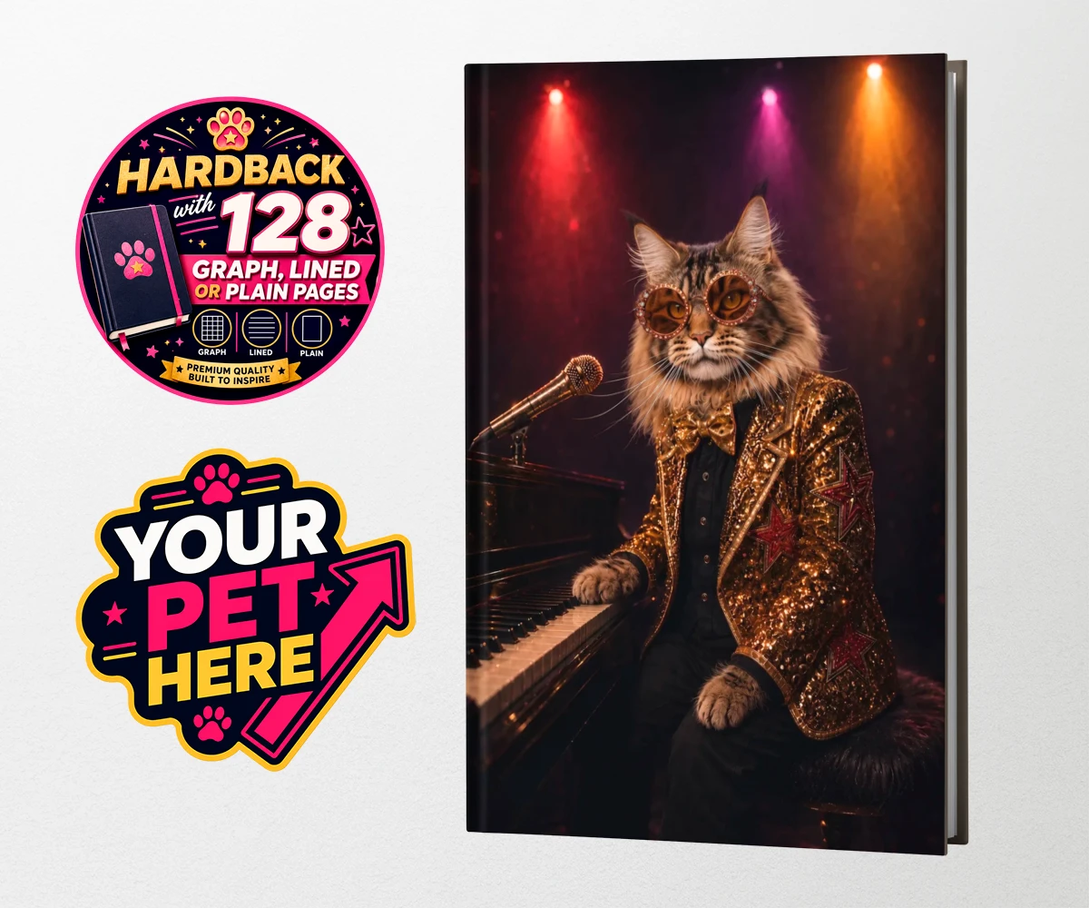 Personalised Rocket Cat dog hardback notebooks featuring the dazzling canine superstar of the music scene, captured in a stunni