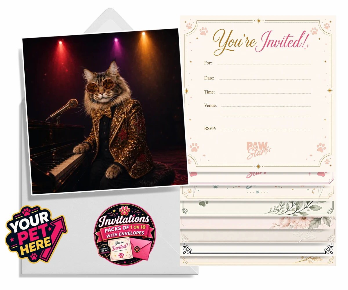 Personalised Rocket Cat dog invitations featuring the dazzling canine superstar of the music scene, captured in a stunni