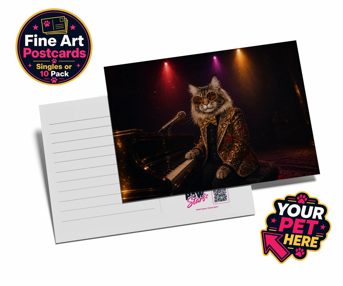 Personalised Rocket Cat dog postcards featuring the dazzling canine superstar of the music scene, captured in a stunni