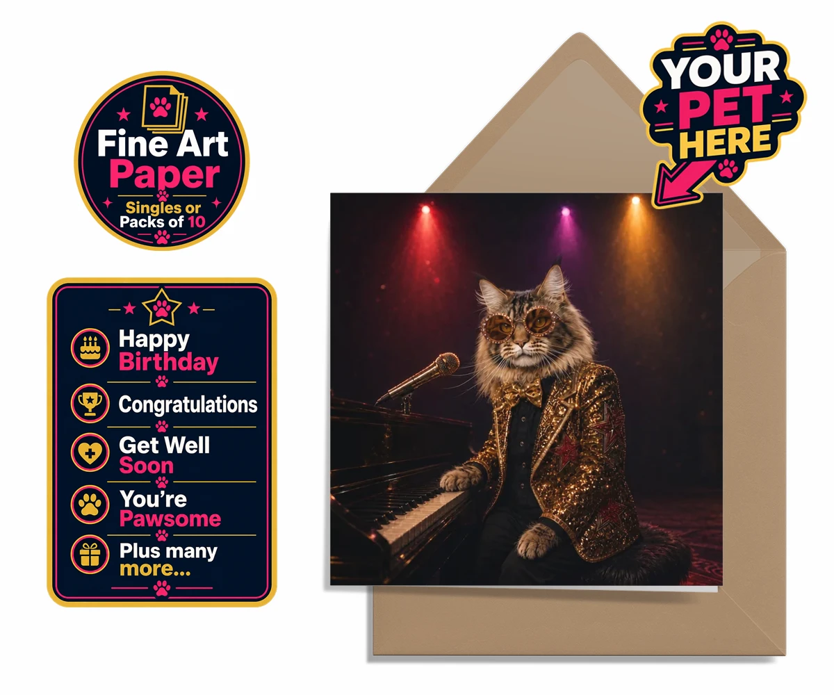Personalised Rocket Cat dog premium greetings cards featuring the dazzling canine superstar of the music scene, captured in a stunni