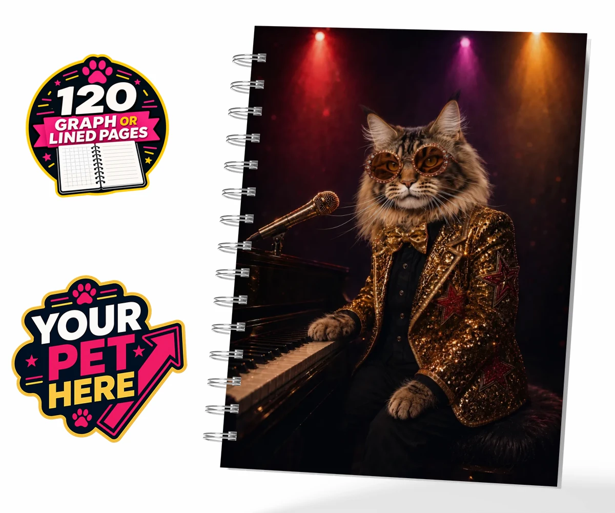 Personalised Rocket Cat dog spiral notebook featuring the dazzling canine superstar of the music scene, captured in a stunni