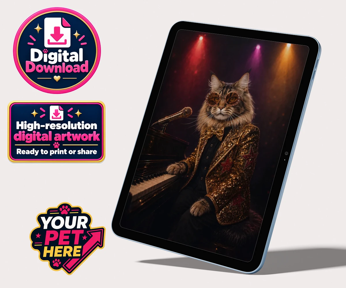 Personalised Rocket Cat dog personalised digital downloads featuring the dazzling canine superstar of the music scene, captured in a stunni