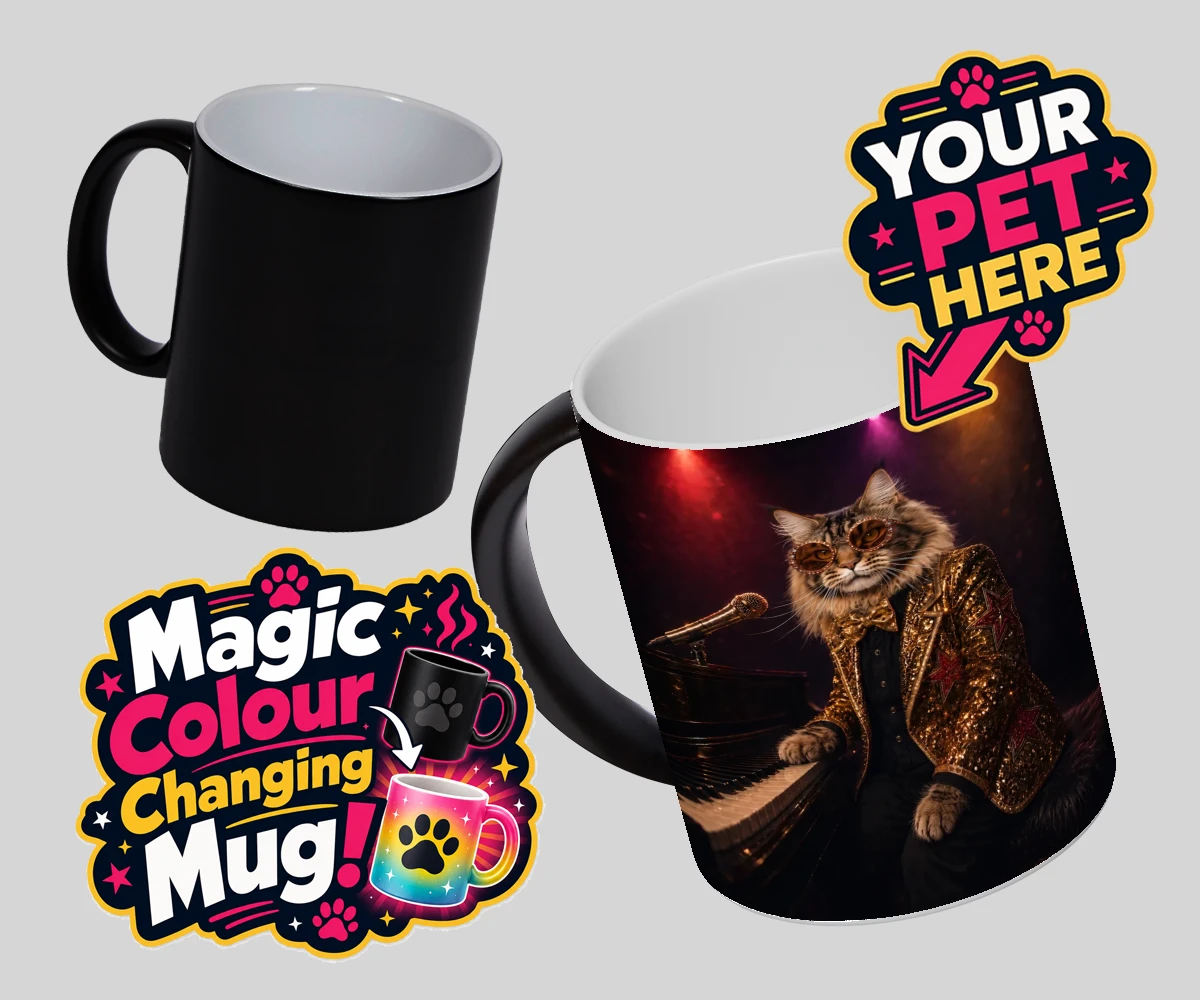Personalised Rocket Cat dog magic photo mugs featuring the dazzling canine superstar of the music scene, captured in a stunni