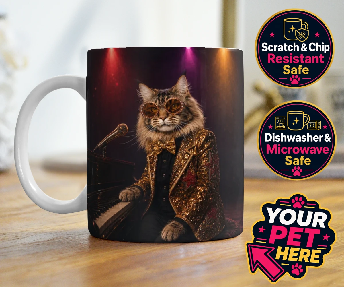 Personalised Rocket Cat dog photo mugs featuring the dazzling canine superstar of the music scene, captured in a stunni