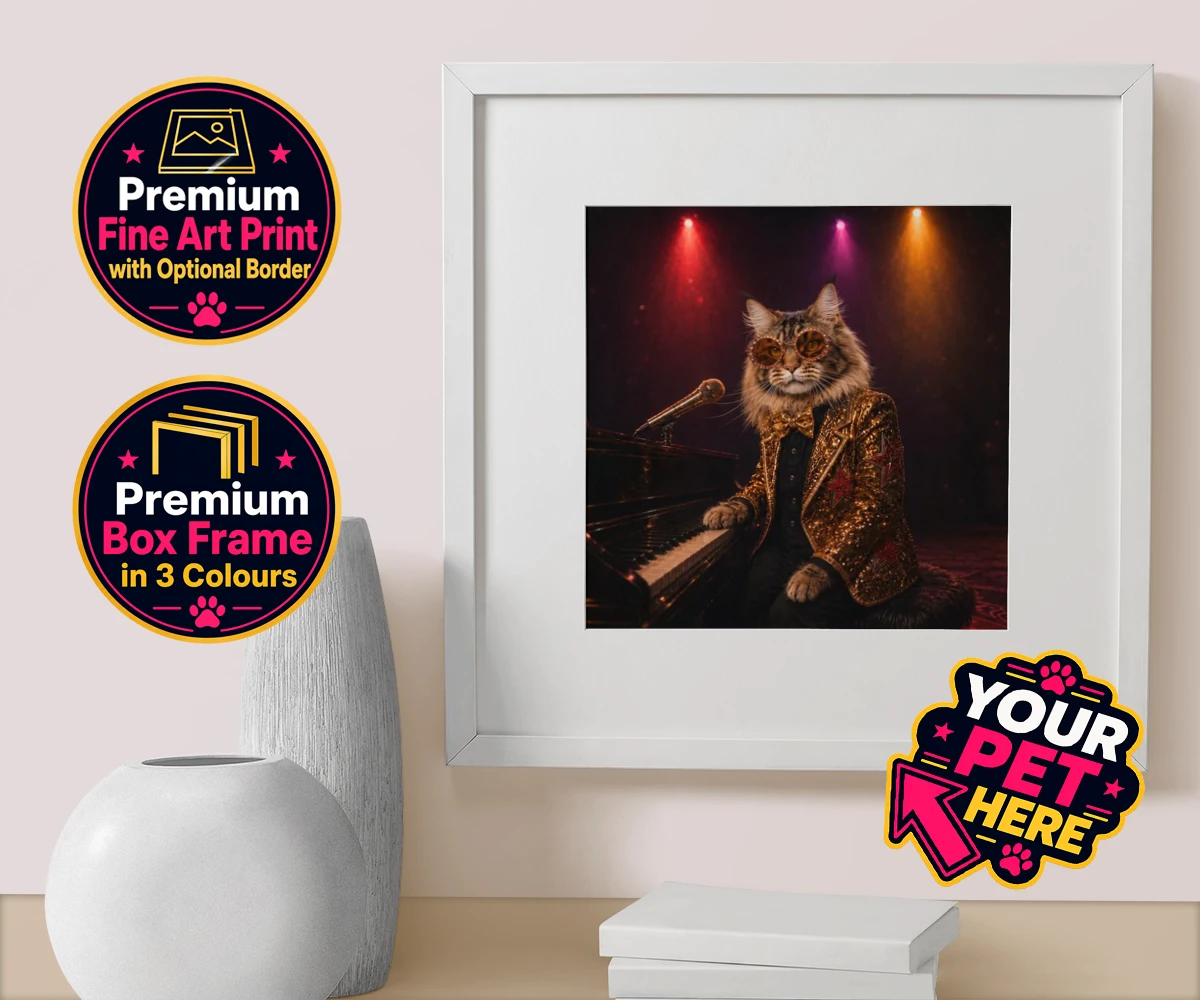 Personalised Rocket Cat dog box framed print featuring the dazzling canine superstar of the music scene, captured in a stunni