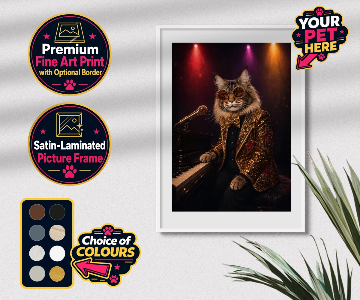 Personalised Rocket Cat dog premium framed print featuring the dazzling canine superstar of the music scene, captured in a stunni