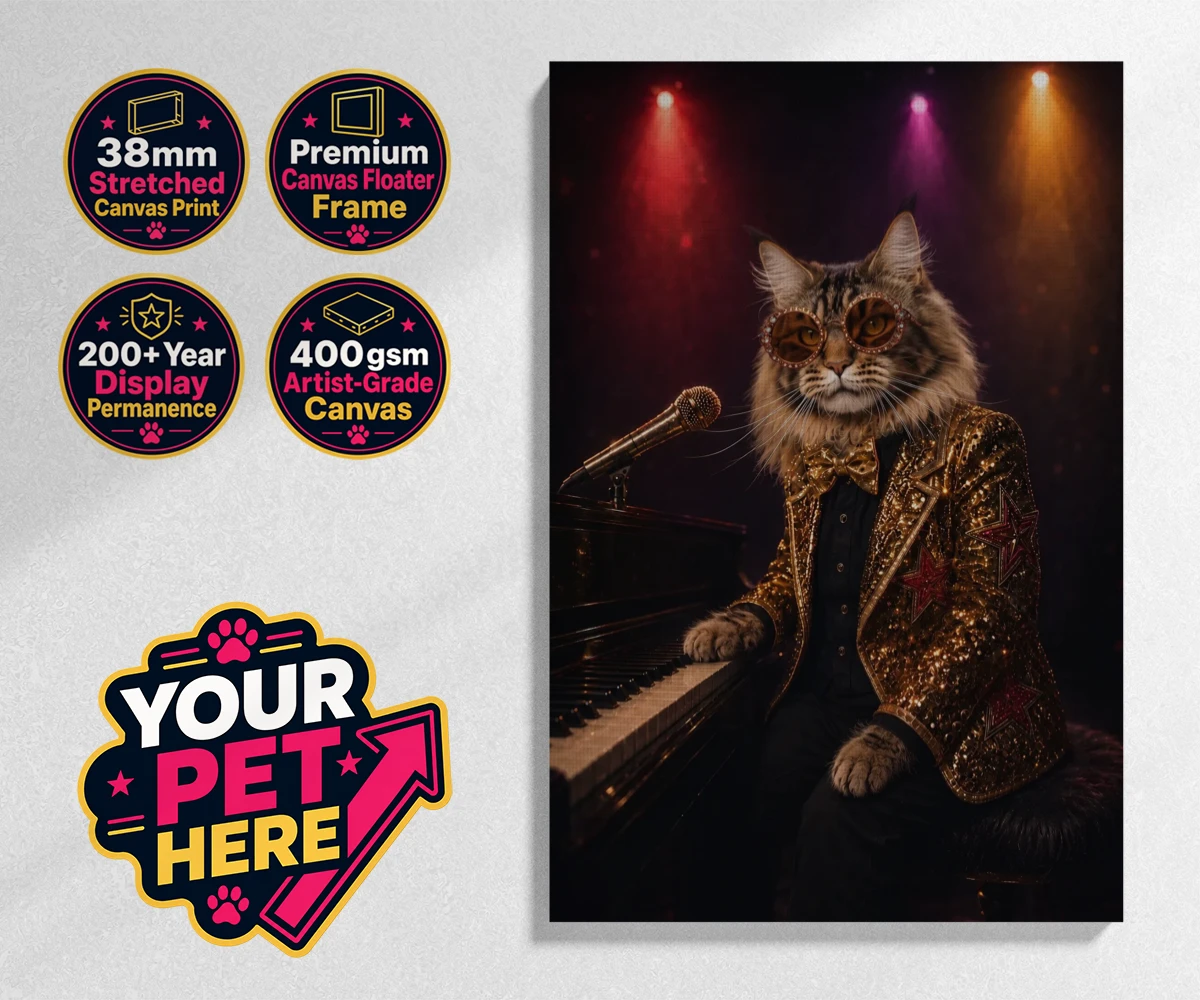 Personalised Rocket Cat dog stretched canvas print featuring the dazzling canine superstar of the music scene, captured in a stunni