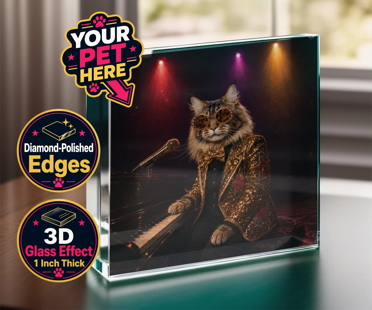 Personalised Rocket Cat dog acrylic prisms featuring the dazzling canine superstar of the music scene, captured in a stunni