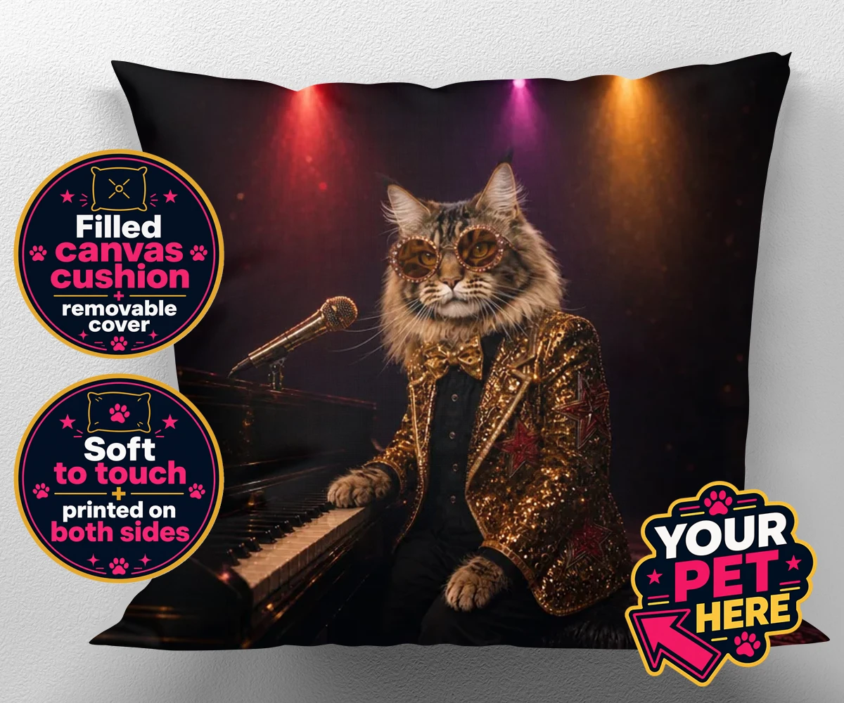Personalised Rocket Cat dog canvas cushions featuring the dazzling canine superstar of the music scene, captured in a stunni