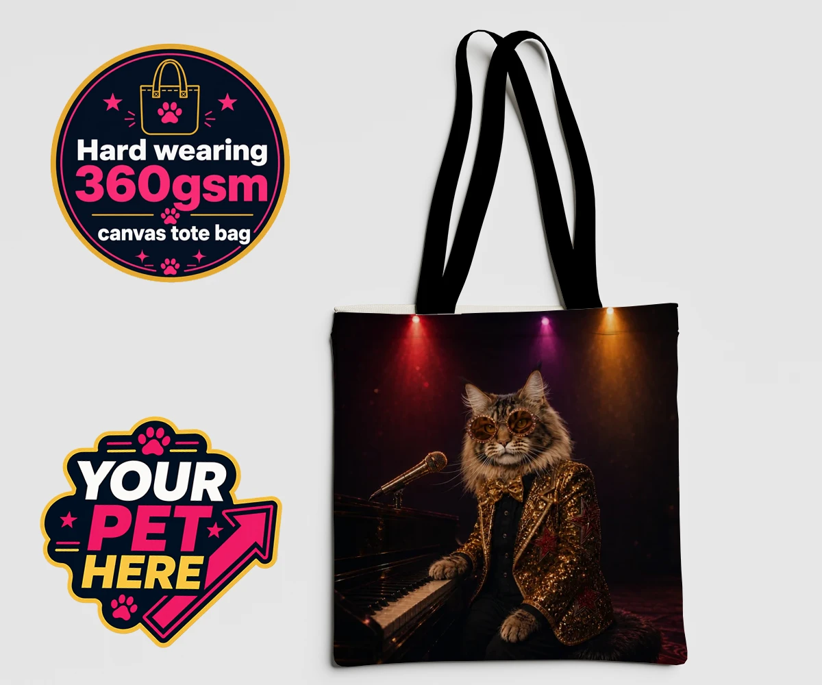 Personalised Rocket Cat dog canvas tote bags featuring the dazzling canine superstar of the music scene, captured in a stunni