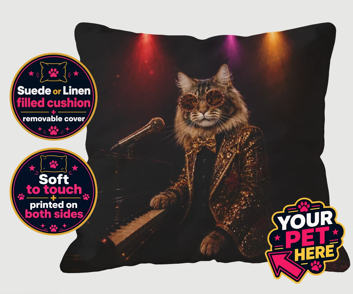 Personalised Rocket Cat dog cushions featuring the dazzling canine superstar of the music scene, captured in a stunni
