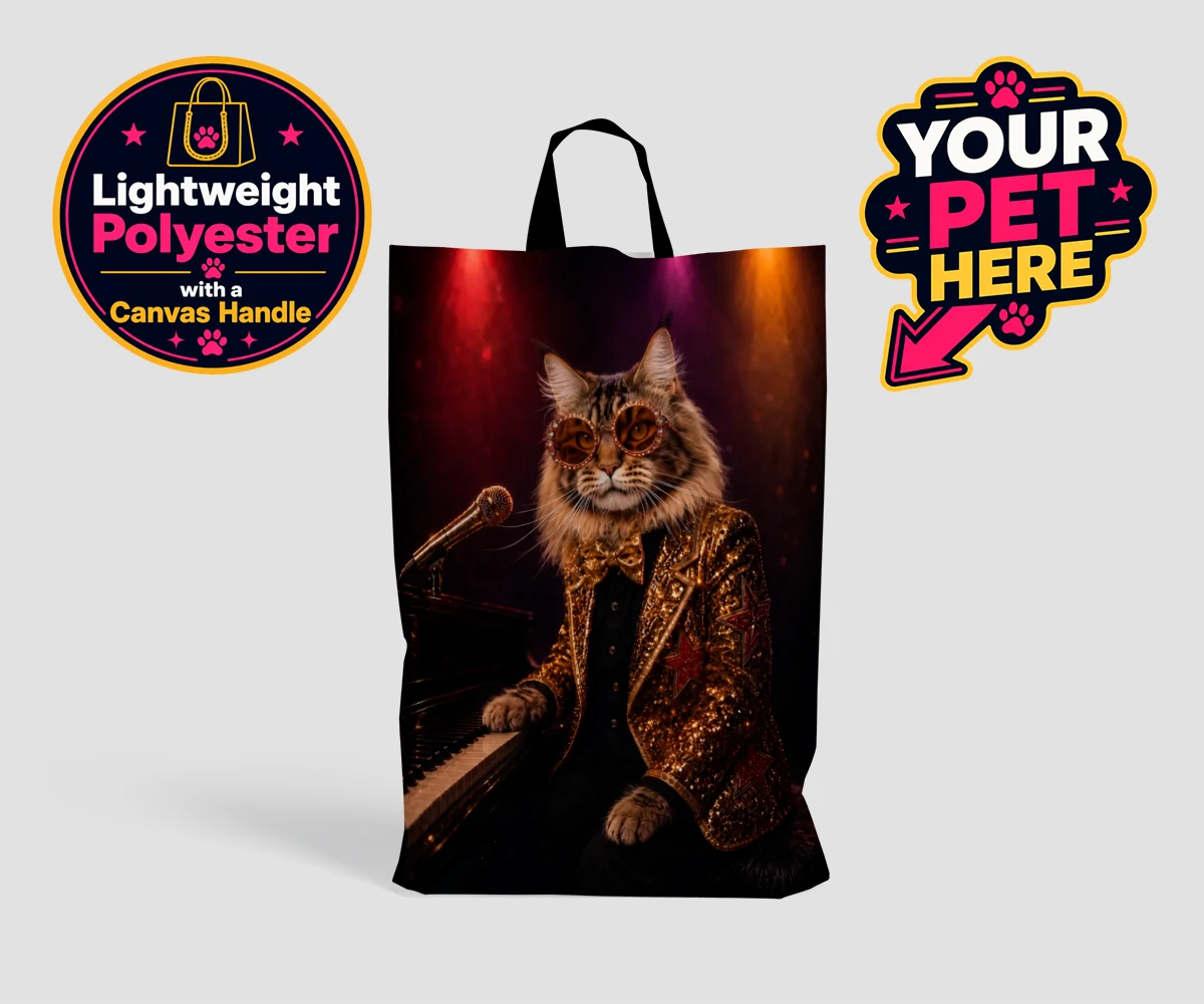 Personalised Rocket Cat dog shopping bags featuring the dazzling canine superstar of the music scene, captured in a stunni