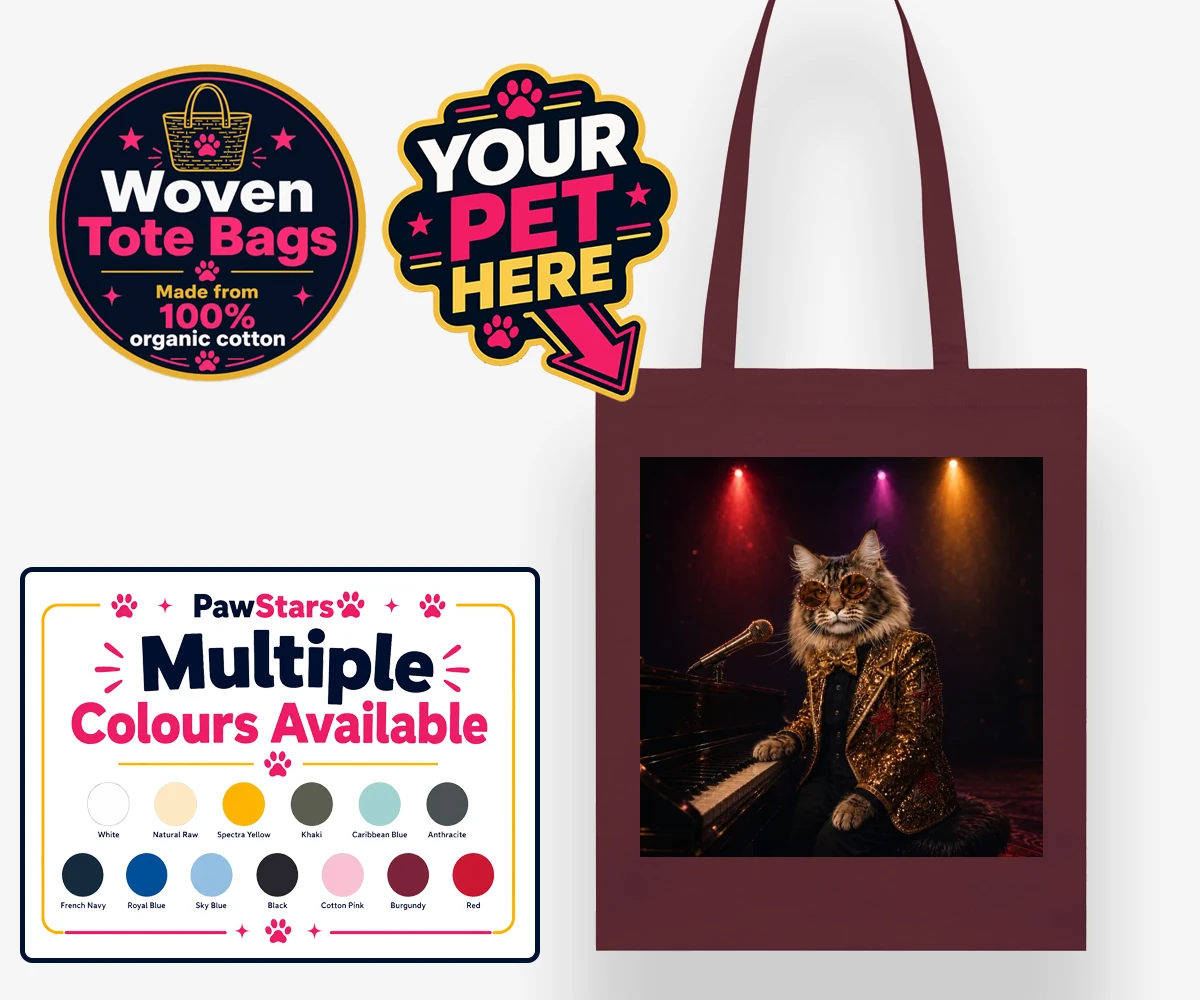 Personalised Rocket Cat dog woven tote bags featuring the dazzling canine superstar of the music scene, captured in a stunni
