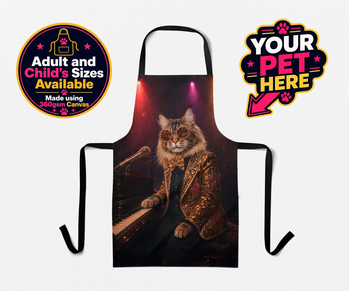 Personalised Rocket Cat dog aprons featuring the dazzling canine superstar of the music scene, captured in a stunni