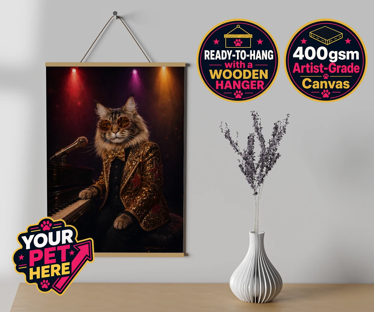 Personalised Rocket Cat dog canvas poster prints with hanger featuring the dazzling canine superstar of the music scene, captured in a stunni